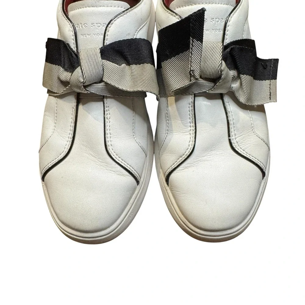 Kate Spade Lexi Shoes Womens‎ Size 7 White Leather Striped Bow Slip On Sneakers